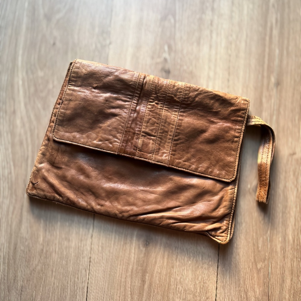 Leather Foldover Clutch Bag - Brown